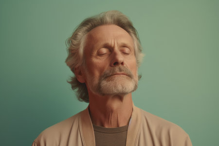 Portrait of senior man with gray hair on green background. Toned.の素材