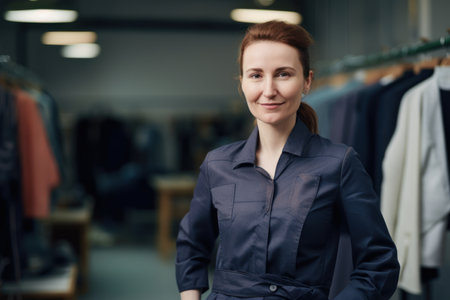 Portrait of a smiling female fashion designer standing in her studio.の素材