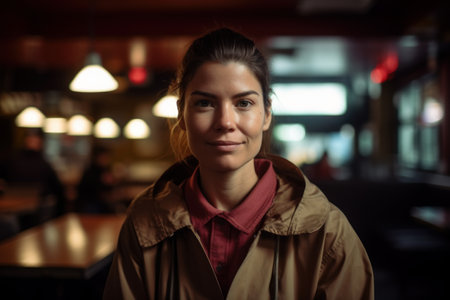 Portrait of a beautiful young woman standing in a cafe at nightの素材