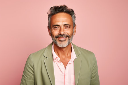 Portrait of smiling mature Indian man looking at camera, isolated over pink backgroundの素材