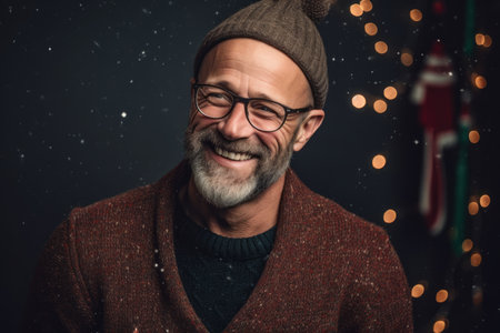 Portrait of a happy man in glasses and a knitted hatの素材