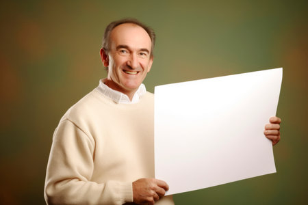 Portrait of a happy mature man holding a blank sheet of paperの素材
