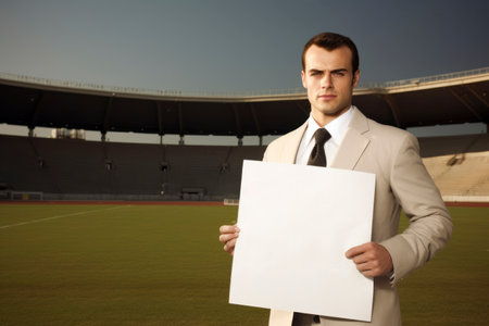 Businessman holding a blank white sheet of paper on the football stadiumの素材
