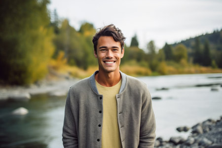 Portrait of a smiling young man standing by a river in autumnの素材