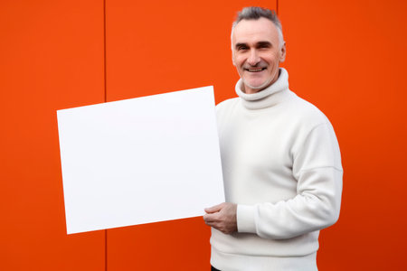 Portrait of a smiling middle-aged man holding a white sheet of paper on an orange backgroundの素材