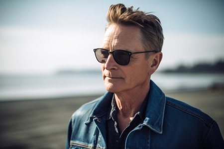 Portrait of a handsome middle-aged man in sunglasses and a denim jacket on the beach.の素材