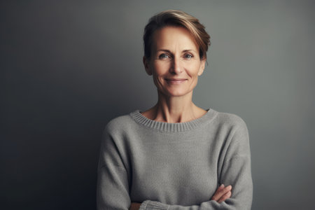 Portrait of a smiling middle-aged woman standing against gray backgroundの素材