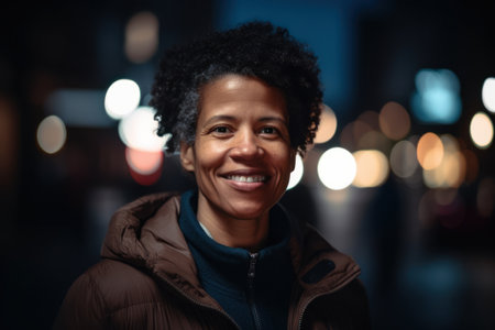 Portrait of smiling african american woman in city at nightの素材