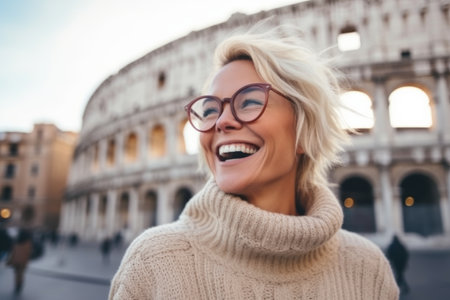 Cheerful young woman wearing eyeglasses and smiling while standing in front of Colosseum in Rome, Italyの素材