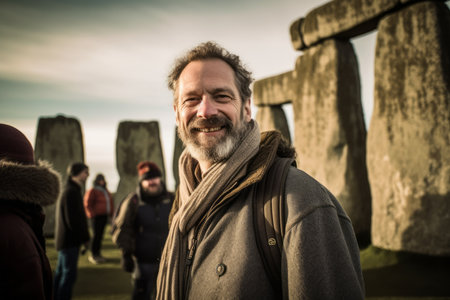 Portrait of a happy senior man standing in the stonehengeの素材