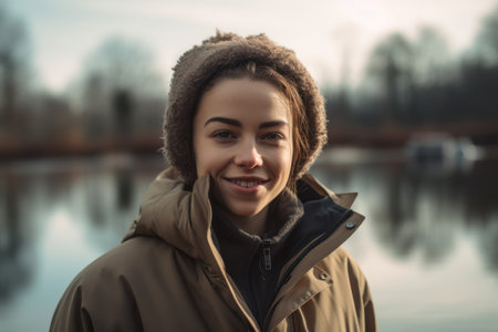 Portrait of a beautiful young woman in a coat with a hood.の素材