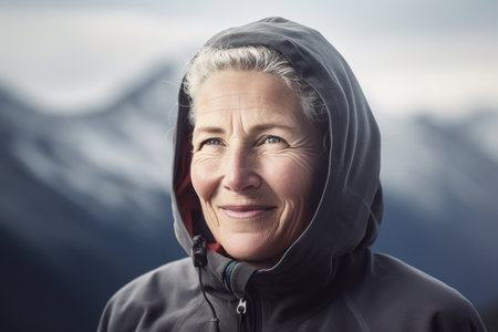 Portrait of senior woman in winter jacket smiling at camera against mountainsの素材