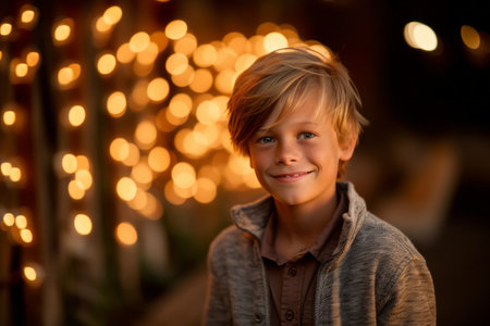 Portrait of a smiling boy with bokeh lights in the backgroundの素材