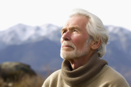 Portrait of a senior man looking away against mountains in the backgroundの素材