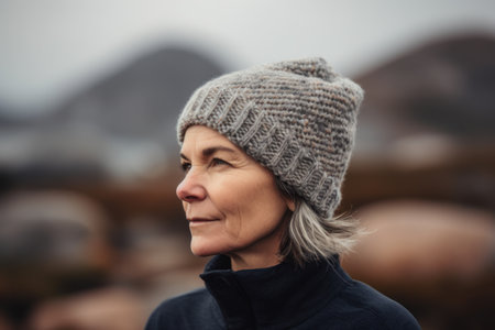 Portrait of a beautiful middle-aged woman in a knitted hat and sweater.の素材