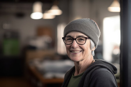 Portrait of a smiling senior woman wearing a beanie and glassesの素材