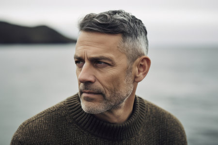 Portrait of handsome mature man with gray hair and beard in knitted sweater looking away while standing on seashoreの素材