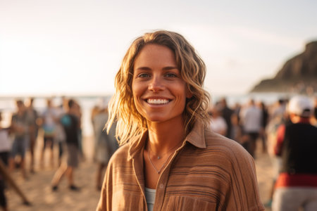 Portrait of a smiling young woman standing on the beach at sunsetの素材