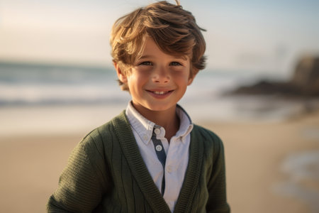 Portrait of smiling boy looking at camera on beach during sunny dayの素材