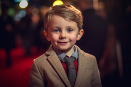 Portrait of a cute little boy in a coat on the red carpetの素材