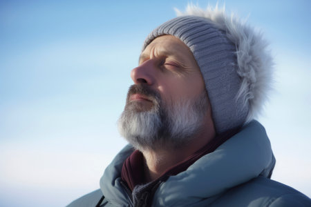 Portrait of senior man in winter clothes looking away against blue skyの素材