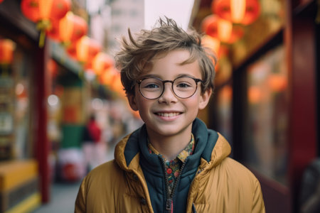 Portrait of a boy in a yellow jacket and glasses on the background of Chinese lanternsの素材