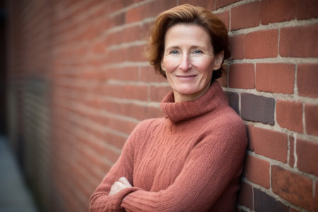 Portrait of smiling middle aged woman leaning against brick wall in cityの素材
