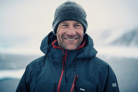 Portrait of a smiling man in winter jacket and cap standing outdoorsの素材