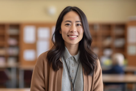 Portrait of happy young Asian female student looking at camera in libraryの素材