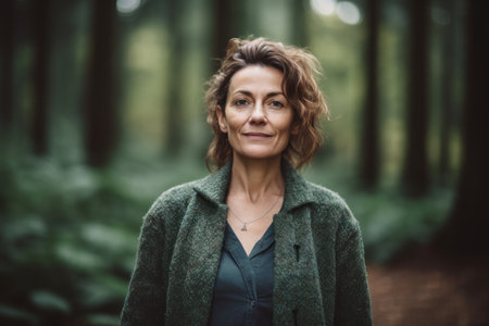 Portrait of beautiful middle-aged woman in green coat in the forestの素材
