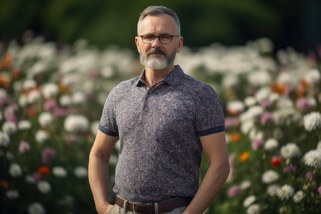 Portrait of a handsome mature man standing in the flower garden.の素材