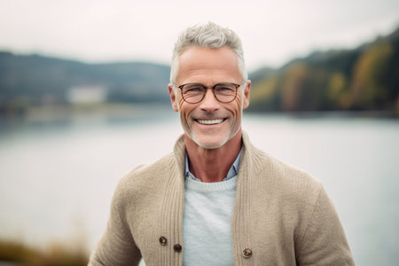 Portrait of senior man in eyeglasses smiling at camera while standing by lakeの素材
