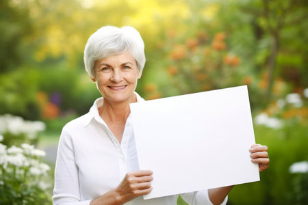 Portrait of senior woman holding blank sheet of paper in the gardenの素材