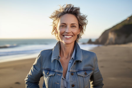 Portrait of smiling mature woman standing on beach in the sunshine looking at cameraの素材