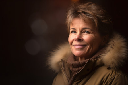 Portrait of a beautiful mature woman in winter clothes on a dark backgroundの素材