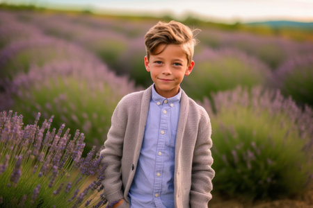 Portrait of a cute little boy in lavender field at sunsetの素材