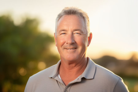 Portrait of a smiling senior man standing in the park at sunsetの素材