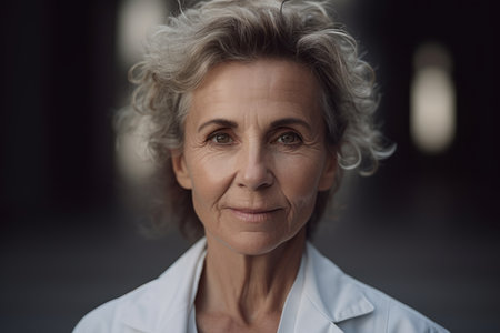 Portrait of senior woman in white coat looking at camera on dark backgroundの素材