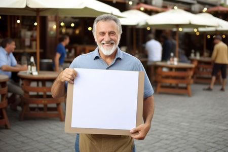 Portrait of happy senior man holding blank placard in outdoor cafeの素材