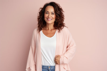 Portrait of a smiling young woman in casual clothes standing against pink backgroundの素材