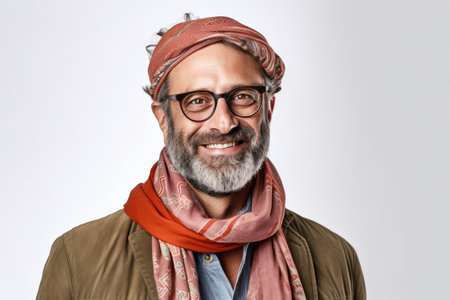 Portrait of a handsome bearded Indian man wearing glasses and a scarfの素材