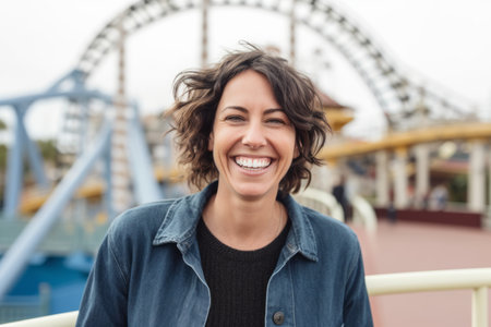 Portrait of smiling woman with curly hair at amusement park in summerの素材