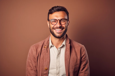 Portrait of a handsome young man wearing eyeglasses on brown backgroundの素材
