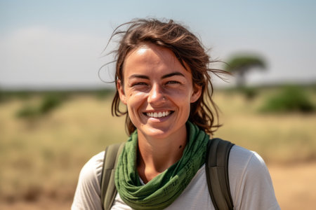 Portrait of a smiling young woman with backpack in the savannahの素材