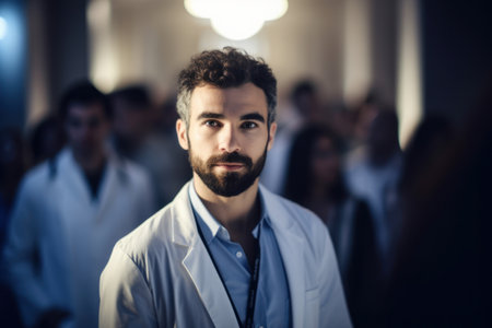 Portrait of confident male doctor looking at camera with colleagues in backgroundの素材