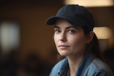 Portrait of beautiful young woman in cap and jeans jacket at cafeの素材