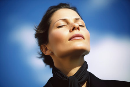 Portrait of a beautiful young woman with closed eyes against blue skyの素材