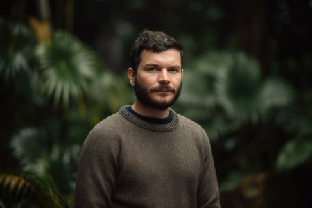 Portrait of a handsome bearded man in a gray sweater on a background of tropical plantsの素材
