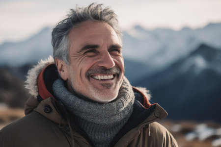 Portrait of a happy senior man in winter clothes standing outdoors in the mountainsの素材