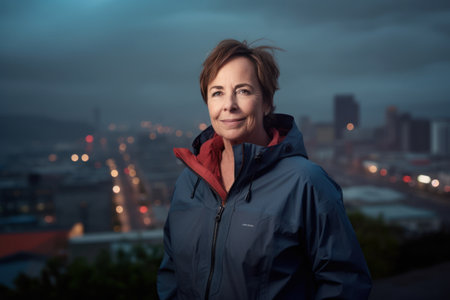 Portrait of a senior woman in a raincoat against a city backgroundの素材